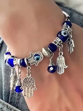Evil Eye Hamsa Charm Bracelet Cobalt Blue Beads New in Box